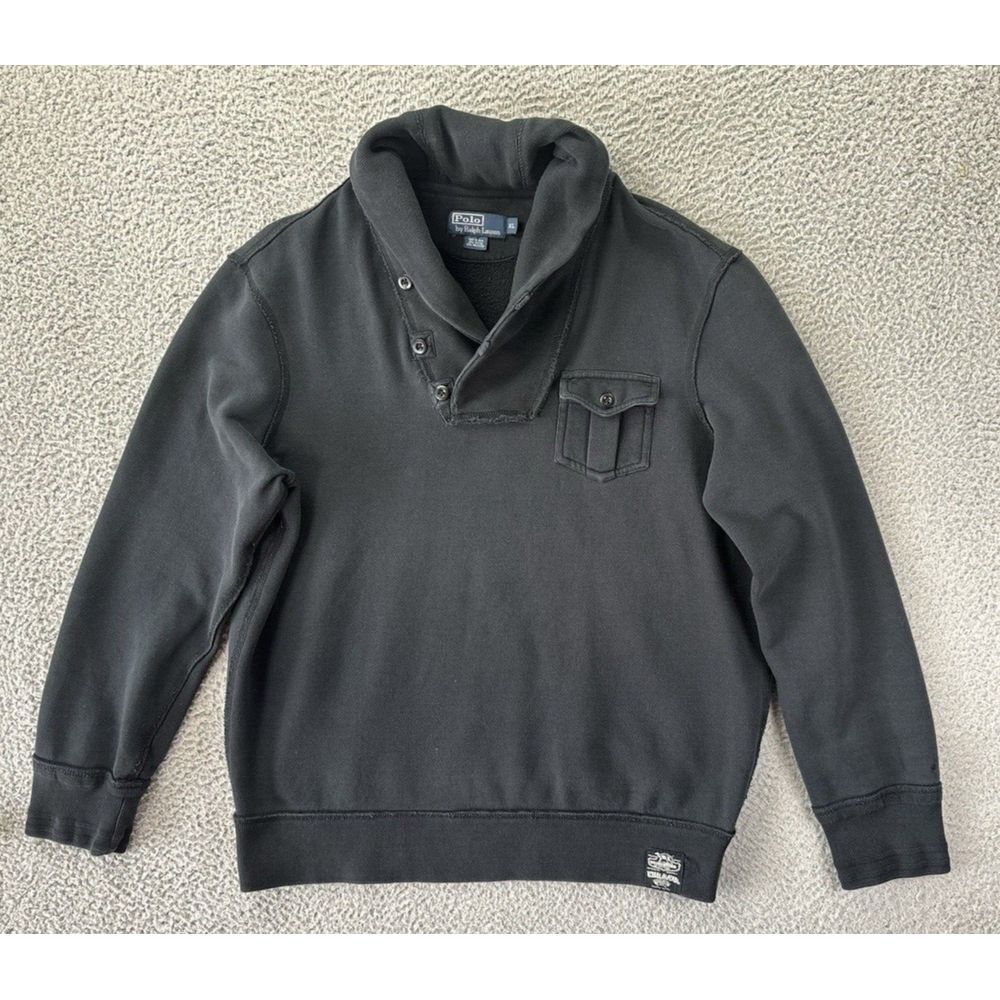 Polo Ralph‎ Lauren Sportsman Sweatshirt Mens XL Shawl Collar Black Distressed